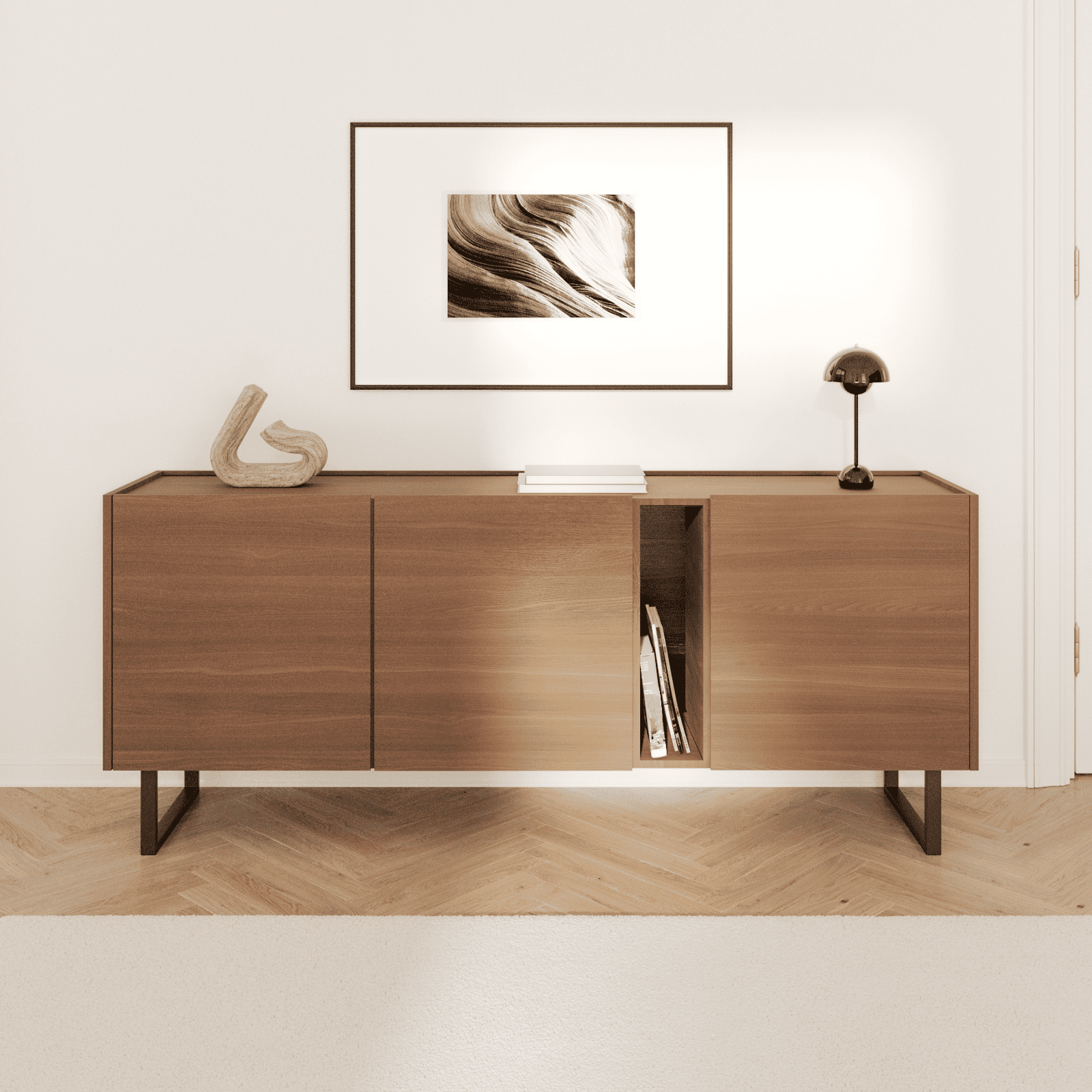 Weite Wohnansicht: Möbelfüße GRAZ in Schwarz, 20 cm hoch, montiert an einem Sideboard