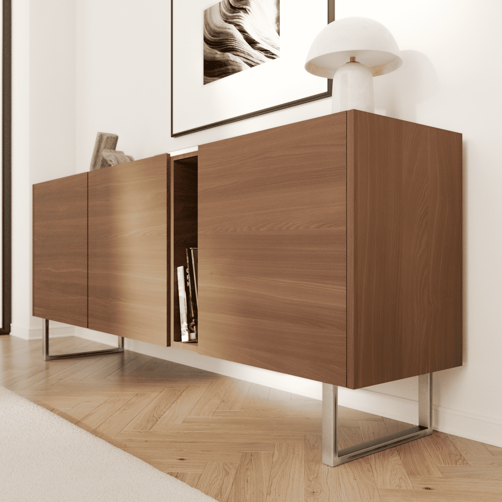 Frontale Wohnraumansicht: Möbelfüße GRAZ im Industrial-Finish, 20 cm hoch, montiert an der Unterseite einer Kommode