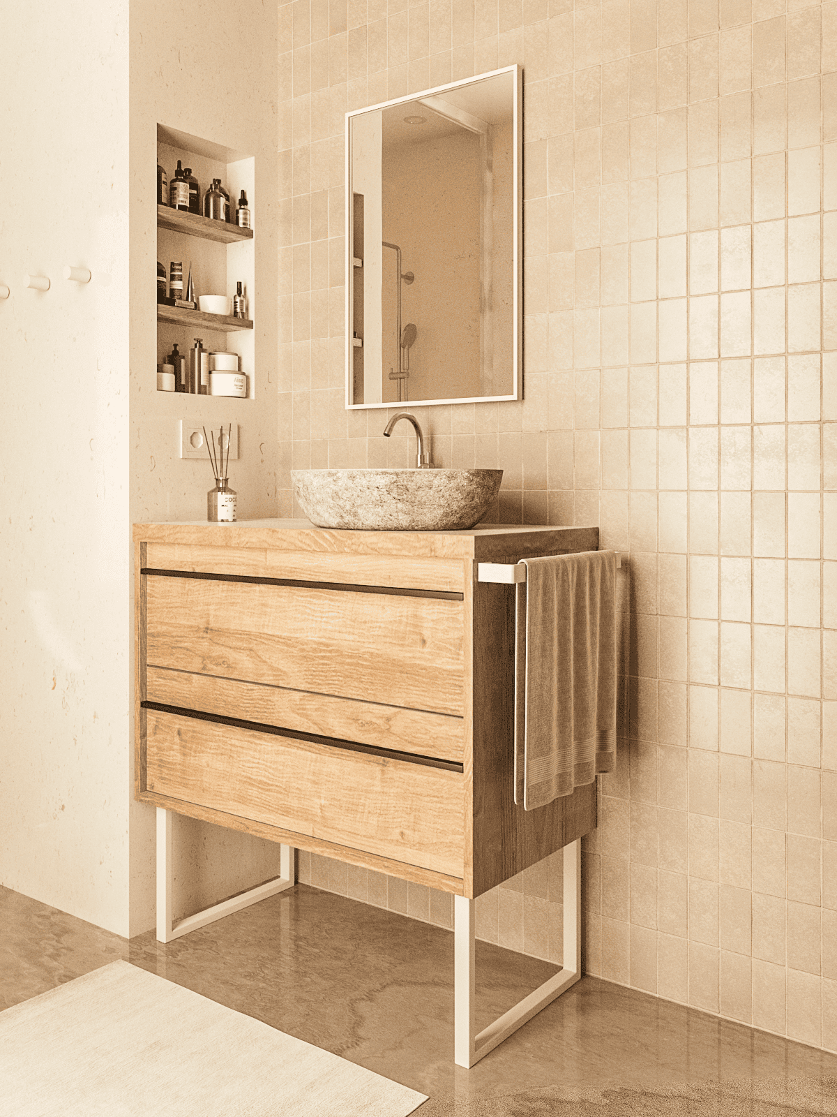 Weite Wohnansicht: Möbelkufen GRAZ in Weiß, 30 cm hoch, montiert an einem Sideboard