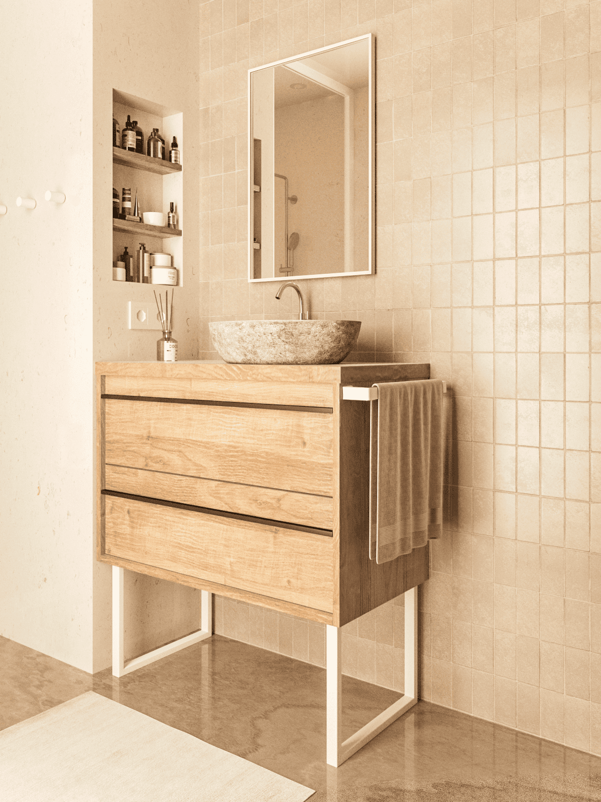 Nahaufnahme: Möbelkufen GRAZ in Weiß, 35 cm hoch, montiert unter einem Sideboard mit Holzfront