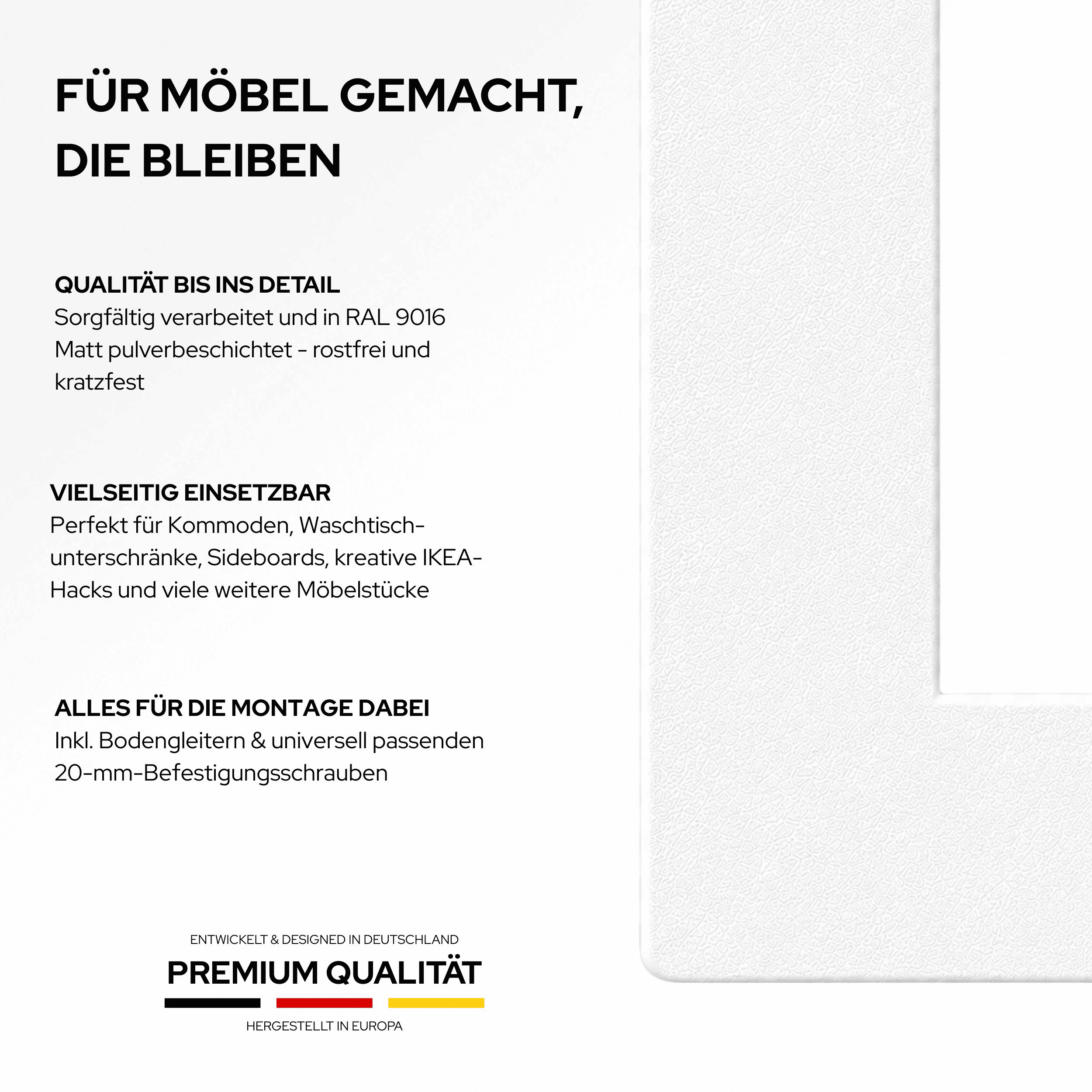 Möbelfüße GRAZ in Weiß, 10 cm hoch, Nahaufnahme von Metallprofil, Schweißnaht und Oberfläche