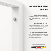 Doppelwaschtischhalterung LAHN in Weiß, Nahaufnahme der unteren Ecke mit Schweißnaht und pulverbeschichteter Oberfläche