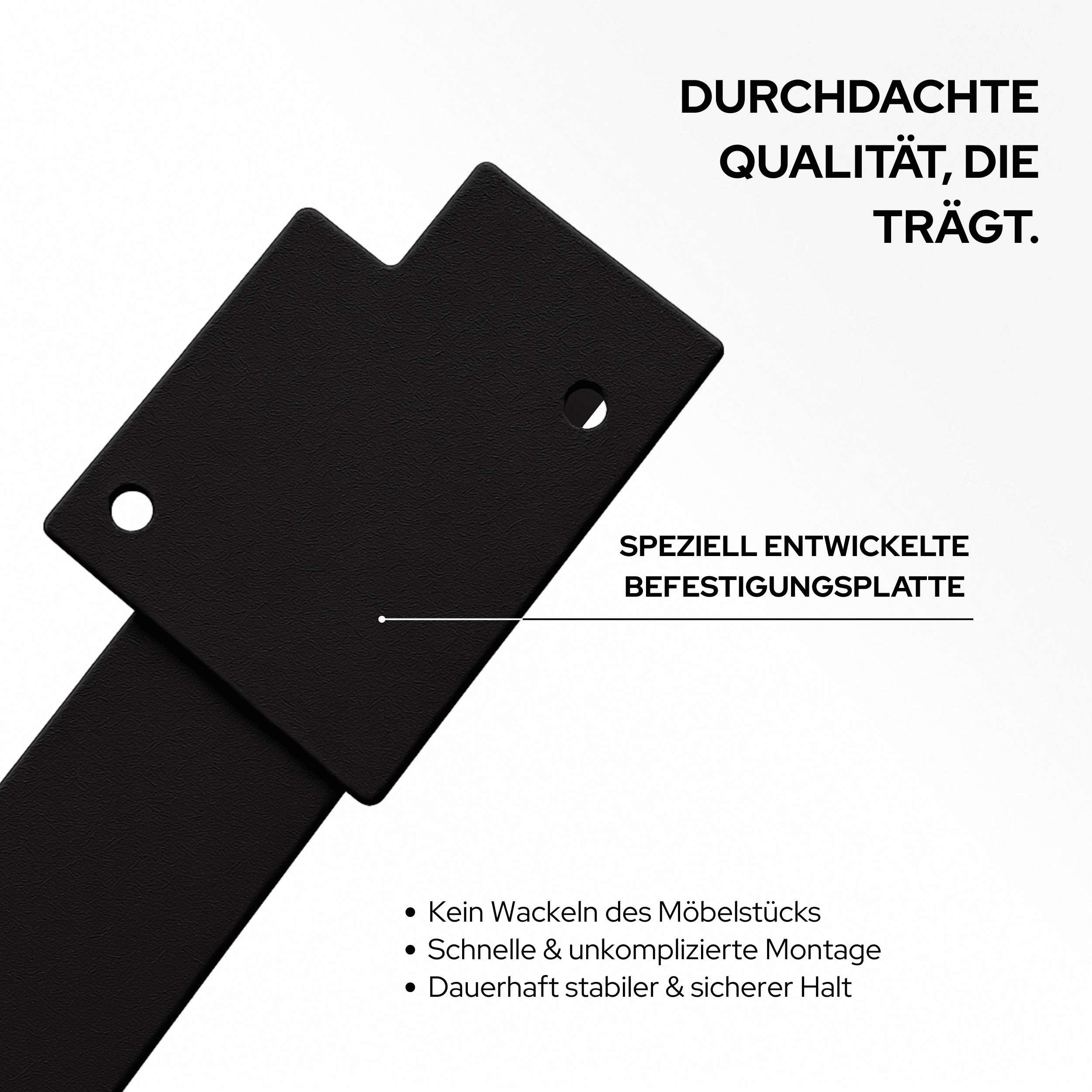 Möbelbeine LUXEMBURG in Schwarz, 20 cm hoch, Nahaufnahme von Metallprofil, Montagebohrung und Verarbeitung