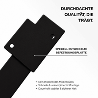 Möbelbeine LUXEMBURG in Schwarz, 10 cm hoch, Nahaufnahme von Metallprofil, Montagebohrung und Verarbeitung