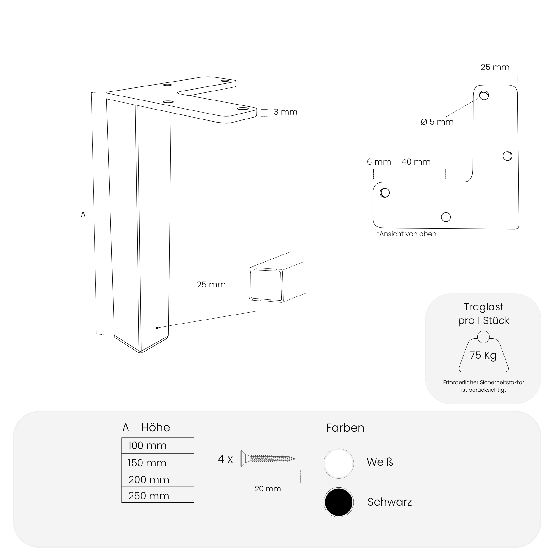 Technische Maßzeichnung: Möbelfüße LUZERN aus 25 × 25 mm Vierkantprofil, inklusive Höhe, Breite und Befestigungspunkten