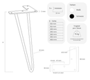 Technische Maßzeichnung: Hairpin-Möbelbeine NEAPEL mit Doppelstab, inklusive Höhe, Breite und Befestigungspunkten