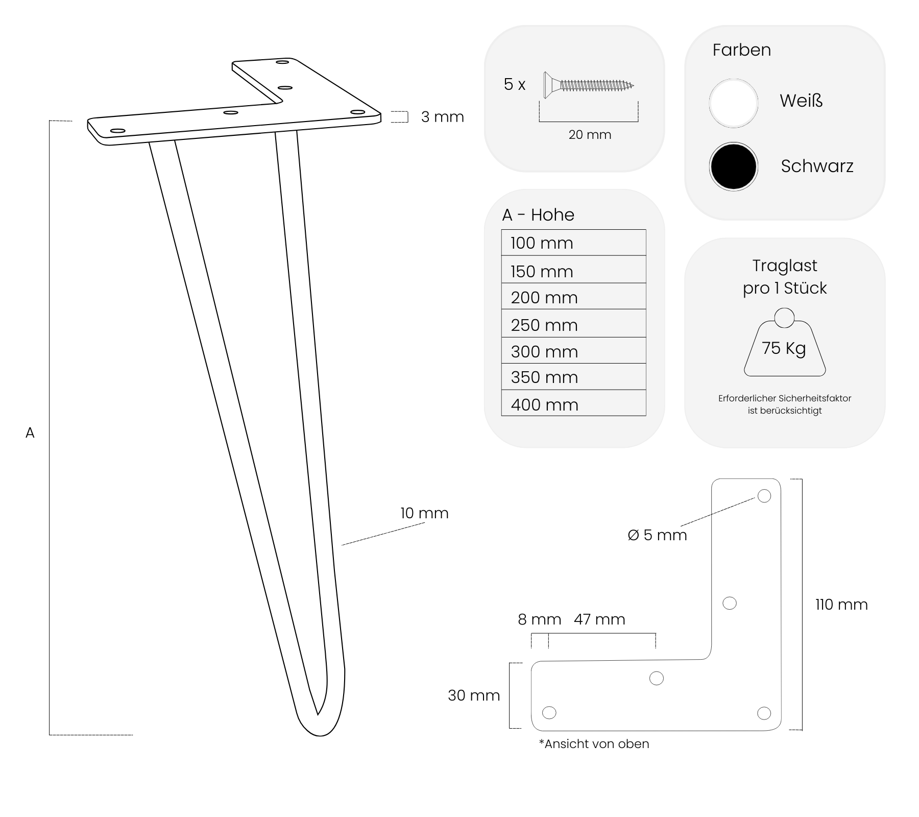 Technische Maßzeichnung: Hairpin-Möbelbeine NEAPEL mit Doppelstab, inklusive Höhe, Breite und Befestigungspunkten