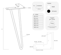 Technische Maßzeichnung: Hairpin-Möbelbeine NEAPEL mit Doppelstab, inklusive Höhe, Breite und Befestigungspunkten