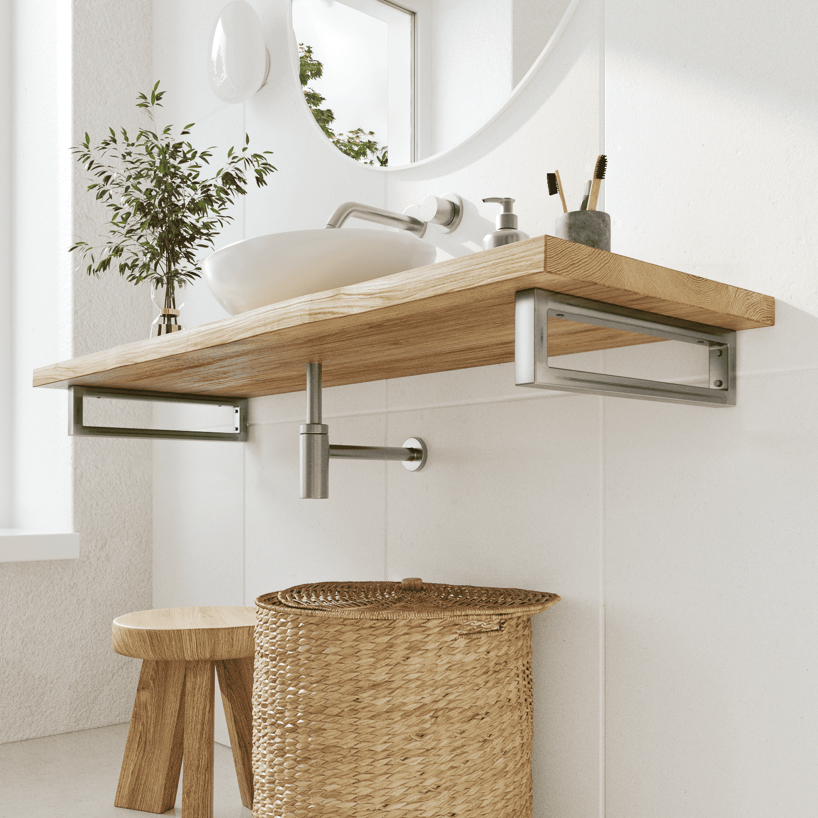 Frontale Badezimmeransicht: Waschtischkonsole RHEIN im Industrial-Finish, 10 cm hoch, montiert unter einer Holzplatte mit Aufsatzbecken