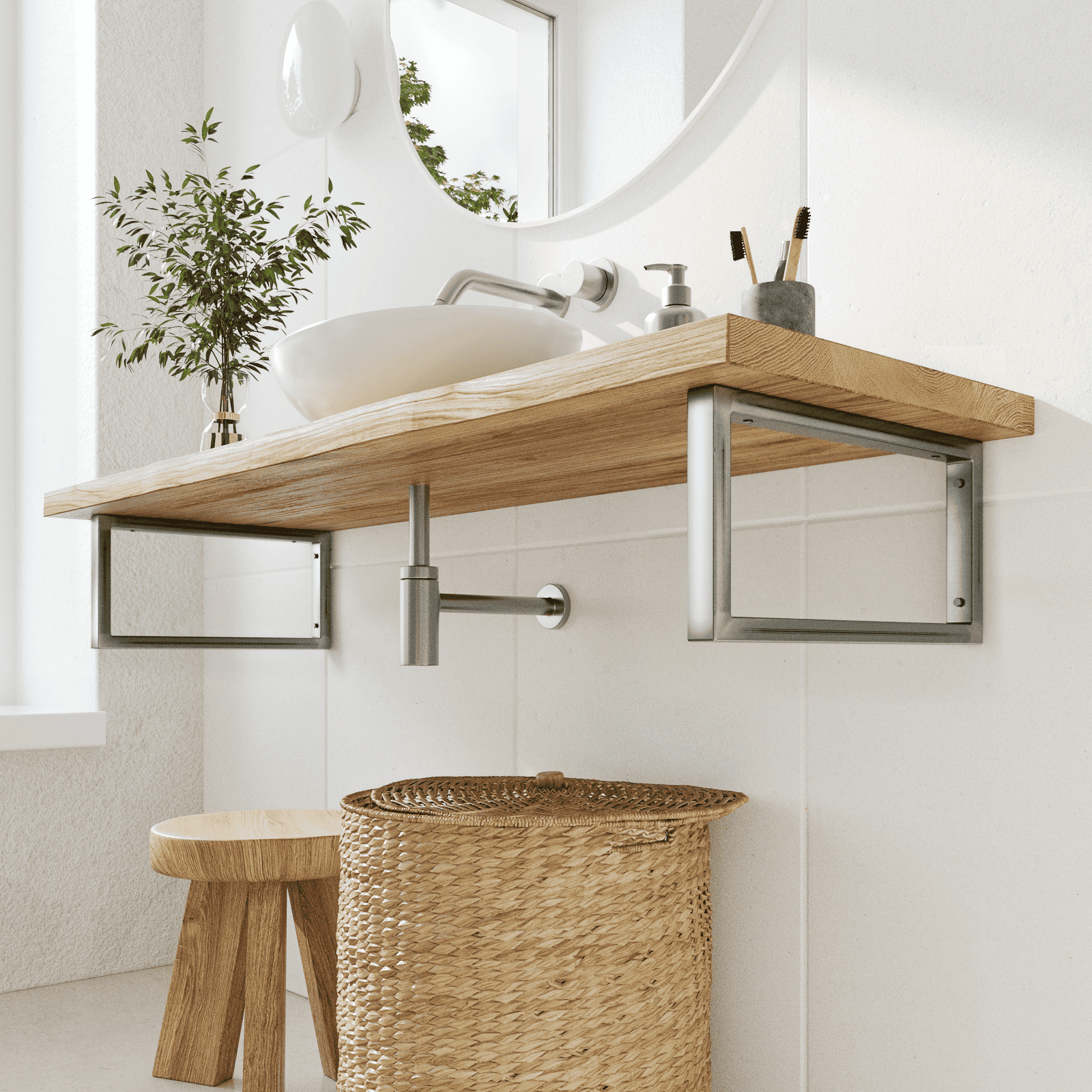 Frontale Badezimmeransicht: Waschtischhalterung RHEIN im Industrial-Finish, 20 cm hoch, montiert unter einer Holzplatte mit Aufsatzbecken